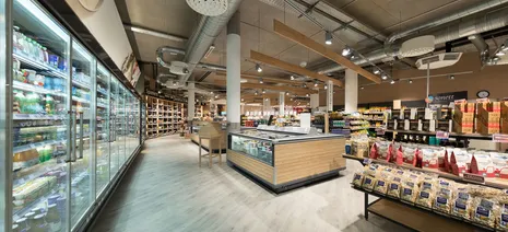 wineo Purline Bioboden Holzoptik Kühlregal Lebensmittel Biomarkt