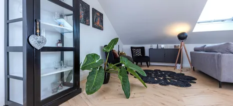 wineo PURLINE Bioboden Fußboden Holzoptik Fischgrätmuster Bodenbelag Wohnzimmer moderne Einrichtung Sofa Sessel Zimmerpflanze